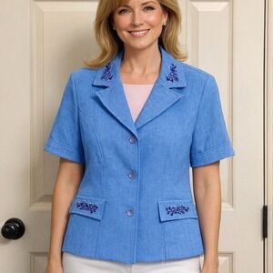 Vintage 90s Retro Prophecy Blue Embroidered Floral Blazer Jacket Spring Size 14